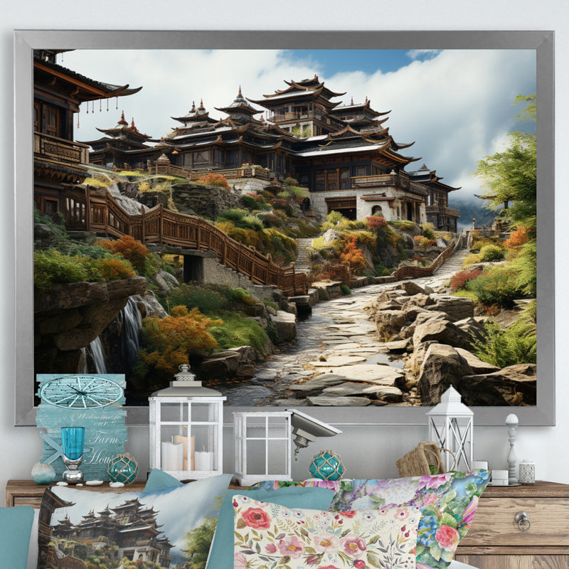 Art asiatique, monastère tibétain VI, reproduction d'art sur toile, Cadre photo argenté, H 30 po x l 40 po x P 1,5 po