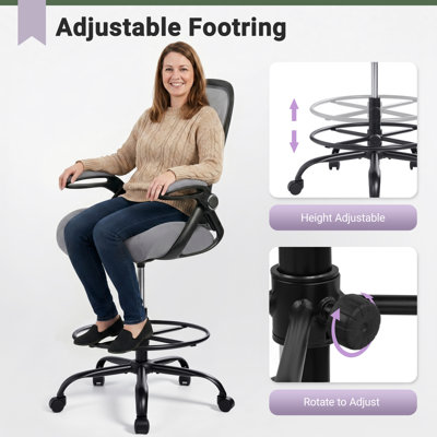 Ergonomic Drafting Chair With Adjustable Lumbar Support, Foot Ring And Flip-Up Arms, Mesh Counter Height Office Chair For Home & Office