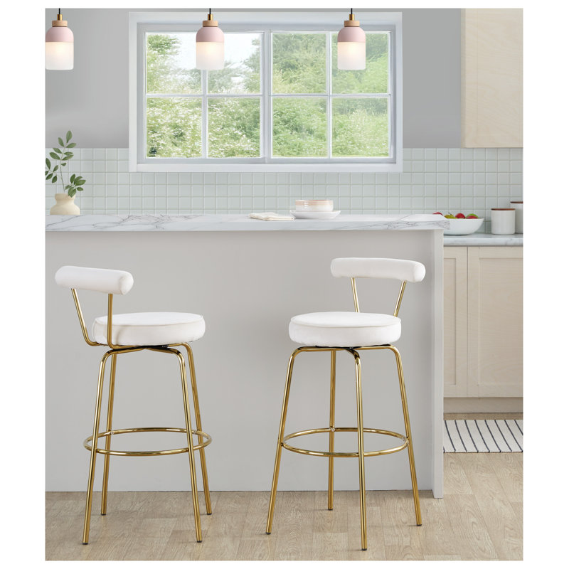 Tabouret de bar pivotant à hauteur fixe avec structure en métal doré et revêtement en velours crème - Paquet de 2