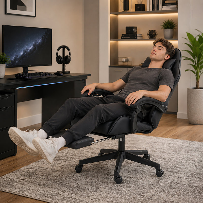 Ergonomic gaming chair with footrest and lumbar massage  High-back racing office chair  Computer chair with headrest, Black