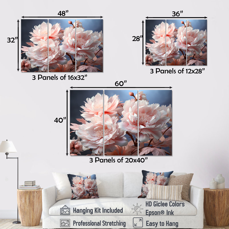 Ensemble de salon art mural pivoines roses I - pivoines roses, H 40 po x l 60 po x P 1 po