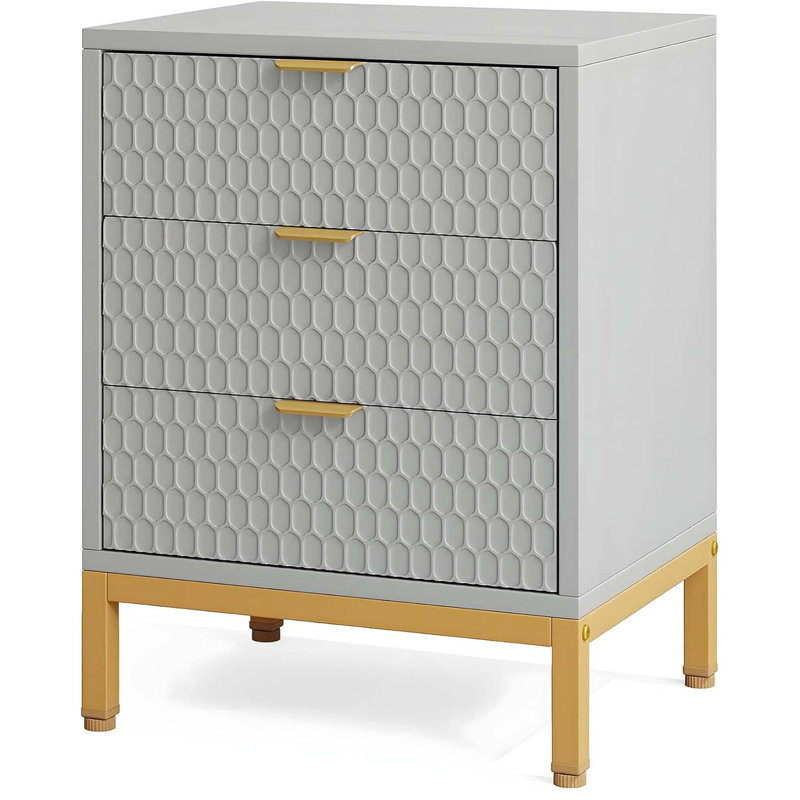 25.8" Tall Nightstand With 3 Drawers,Modern Beside Table With Metal Handles And Metal Legs,Honeycomb Hexagon Pattern Decorate Side Table For Bedroom