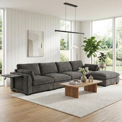 Canapé modulaire de 130 po avec repose-pieds, canapé en chenille en L avec table pliante 130 po