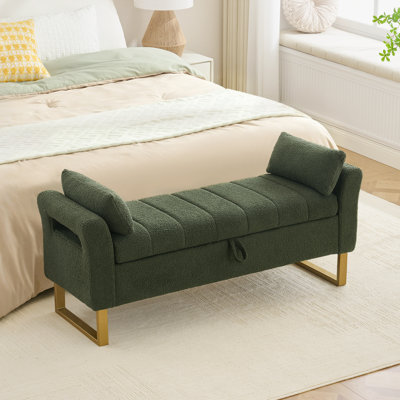 Banc de rangement Lunara 51"W capitonné avec couvercle rabattable, pattes dorées, accoudoirs incurvés et 2 coussins