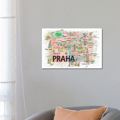 Prague Czech Republic Illustrated Map With Landmarks And Highlights by Markus & Martina Bleichner - Wrapped Canvas Gallery-Wrapped Canvas Giclée