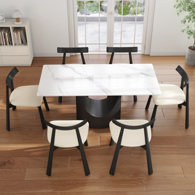 7-Piece Modern Rectangular Sintered Stone Dining Table Set With 6 Faux Leather Chairs