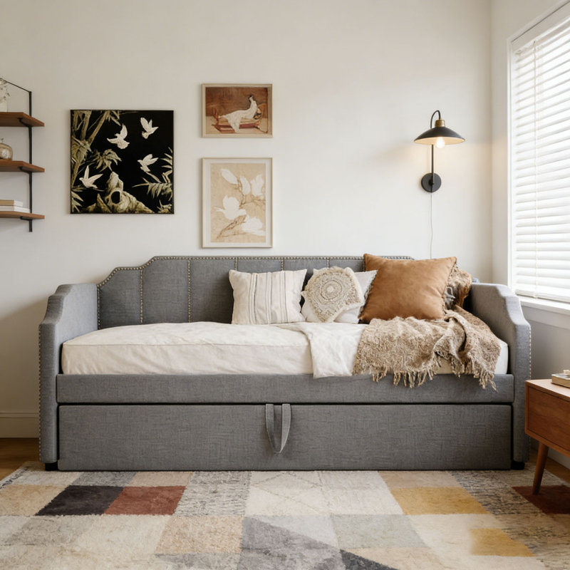 Twin Size Upholstered Daybed with Pop-Up Trundle & USB Charging Ports, Gray