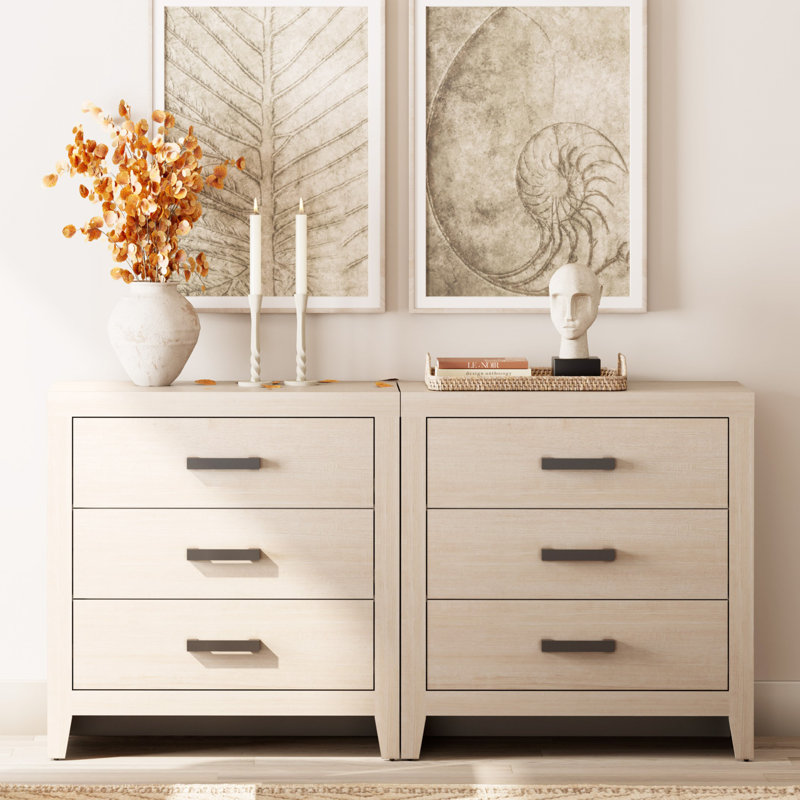 Farmhouse 3 Drawer Dresser Set Of 2, Wooden Chest Of Drawers, Large Nightstand Bedside Table, Modern Closet Storage Organizer For Bedroom, Hallway, Living Room, Living Room, Hallway, Beige