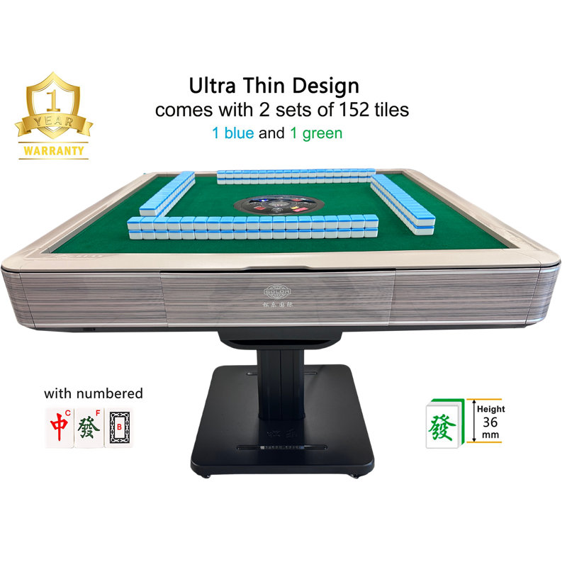 Table de mahjong automatique brun clair USA MJ Table. Table pliante à piédestal de style ultra mince avec des carreaux numérotés de 36 mm