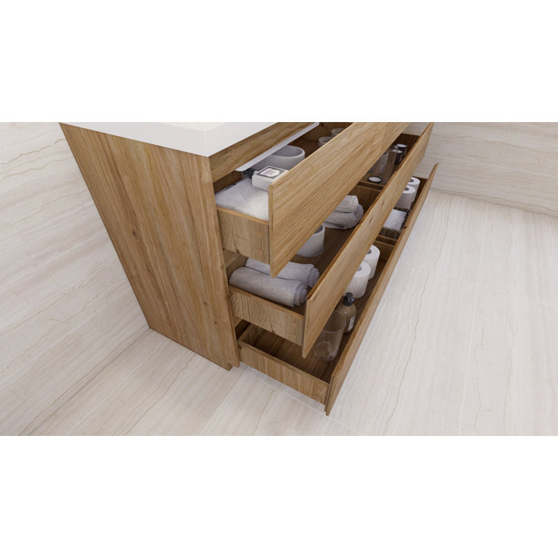 Évier double de salle de bain autoportante Rheana 72 po avec lavabo en acrylique renforcé, Chêne naturel