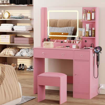 34" W Vanity Desk Set With Led Lighted Mirror & Power Outlet, Makeup Table Top with 3 Open Bookcases, 2 Drawers, Dresser Table for Bedroom, Checkroom