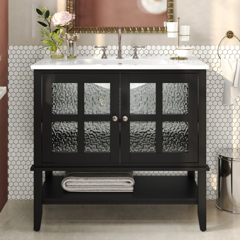 Meuble-lavabo 36 po avec lavabo en céramique, Noir