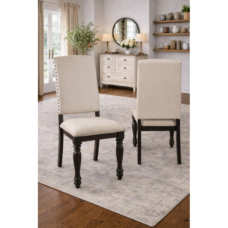 Demaria Transitional Upholstered Dining Side Chair · Nailhead Trim · Beige/Espresso