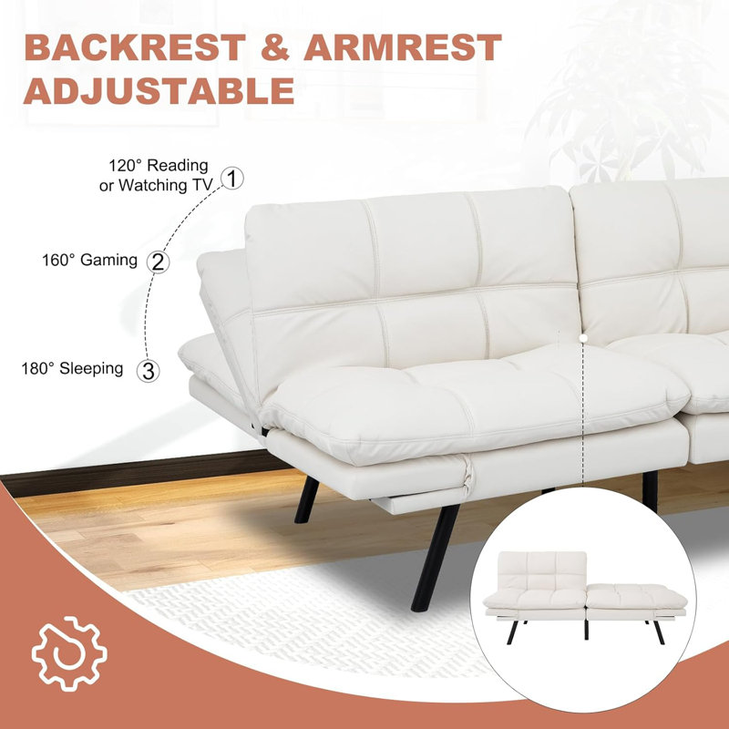 Jaykob 71 Inch Convertible Faux Leather Futon Sofa Bed with Adjustbale Arms,Loveseat Sleeper For Living Room, Bedroom, Studio, Apartment, Dorm, Home Office, Small Space