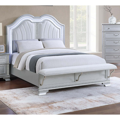 Contemporary Upholstered Bed with Built-In LED Lights and Footboard Bench