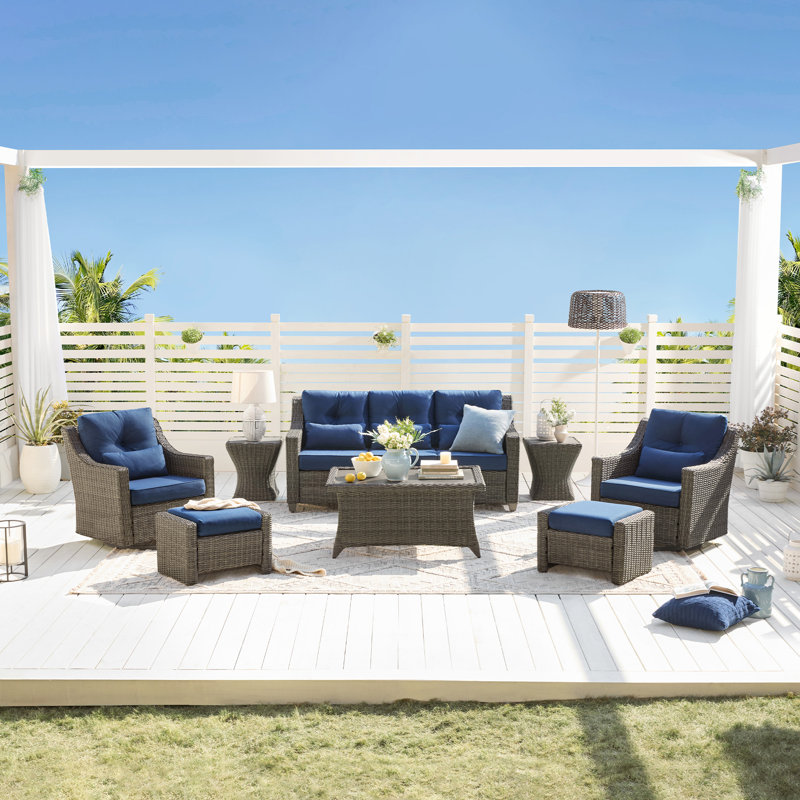 Keaisha 5 Person Outdoor Conversation Furniture Set Seating Group With Coffee Table And Cushions, Gray, Blue