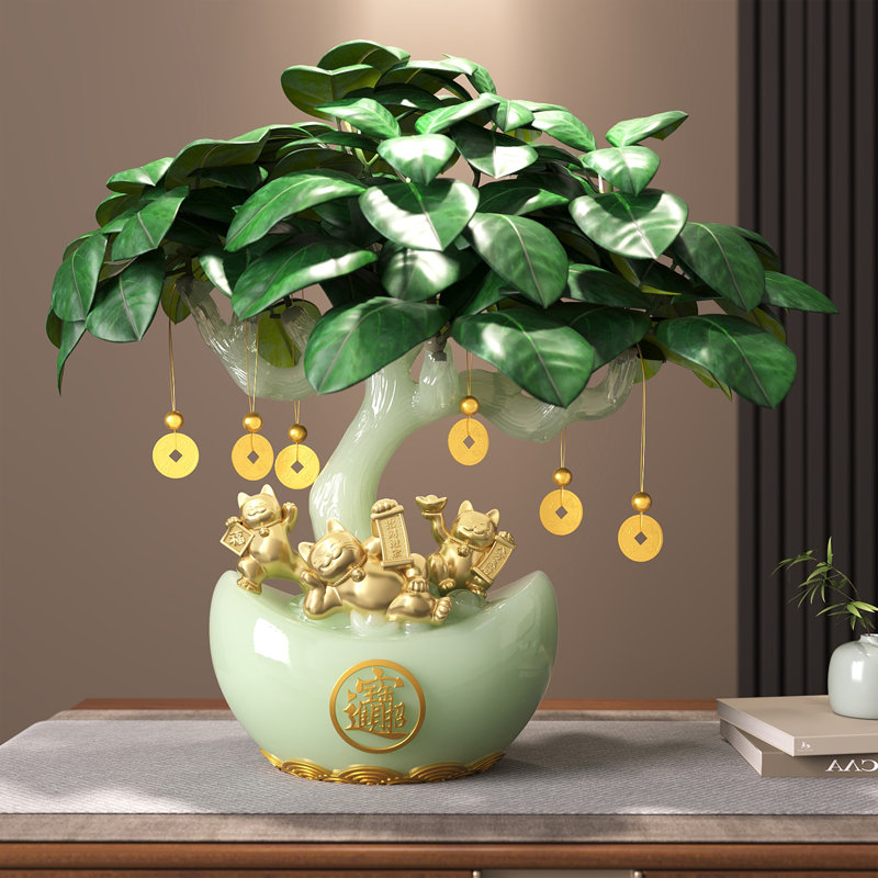 Arbre d'argent 13,8 po Feng Shui avec base de style jade - ornement Lucky Wealth pour la maison ou le bureau