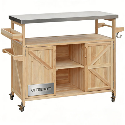 OLTRENEST Farmhouse Outdoor Kitchen Island – Solid Wood Grill Table & Rolling Bar Cart with Stainless Steel Top, Storage Cabinet, Spice & Towel Racks, Natural