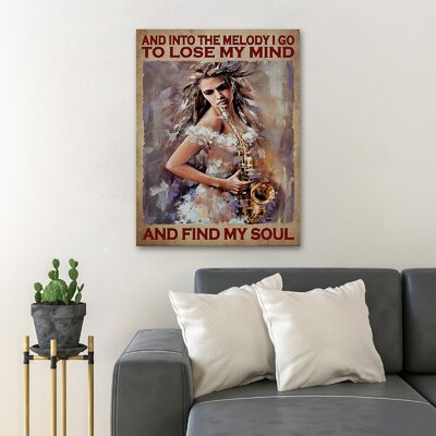 Trinx Beautiful Lady Playing Instrument - And Into The Melody I Go To Lose My Mind Gallery Wrapped Canvas - Music Illustration Decor, White Living Room Deco