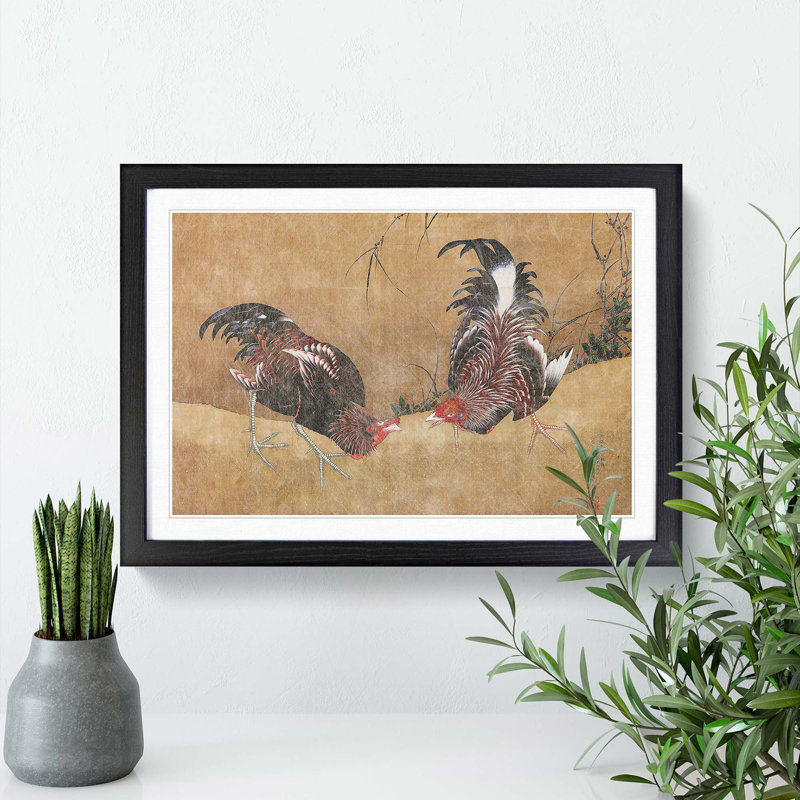 Gamecocks by Katsushika Hokusai - Framed Print, 36cm H x 48cm W x 2cm D, Black Framed