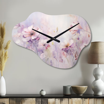 Mauve botanique Whispers III - Botanicals, horloge murale en métal, horloge murale asymétrique moderne