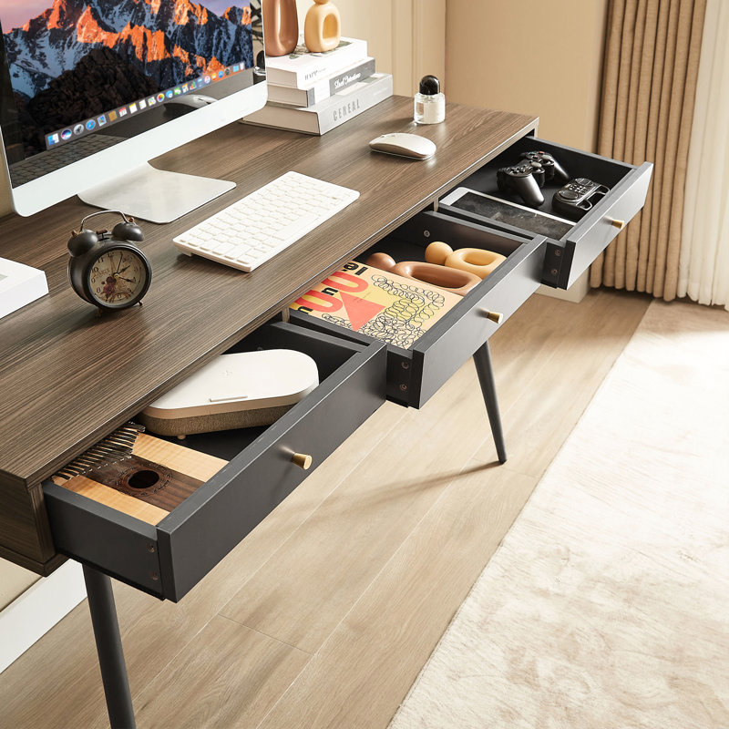 Bureau d'écriture moderne à usage professionnel, look Mid-Century, noyer + gris foncé, avec tiroirs, multifonctionnel, gris foncé et noyer, table d'étude