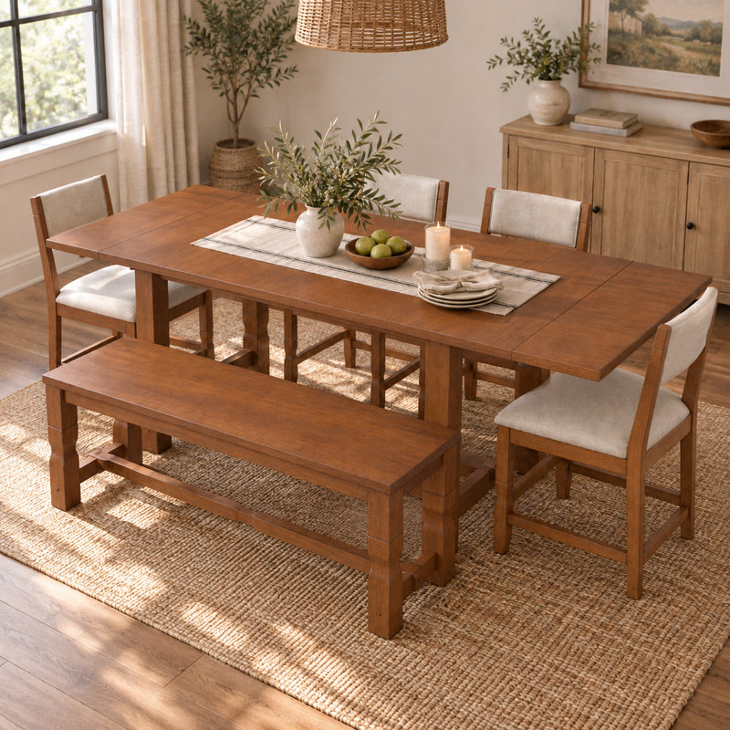 Ensemble de salle à manger extensible 6 pièces pour 6 personnes comprenant une table en bois d'hévéa (152 à 213 cm), 4 chaises rembourrées et un banc (122 cm), 2 rallonges amovibles, marron