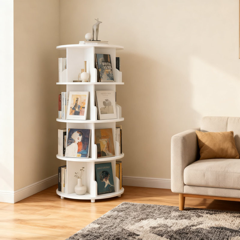 Bibliothèque rotative à 4 niveaux avec bibliothèque pivotante à 360 degrés et grande capacité pour un rangement et un rangement en coin peu encombrants