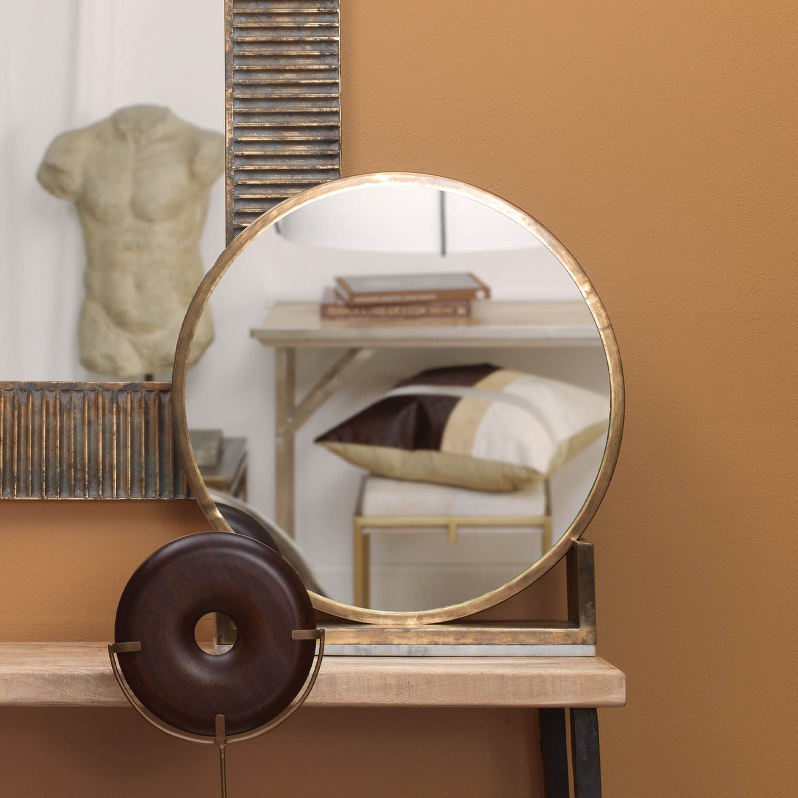 Marble Floor Mirror, Antique Brass