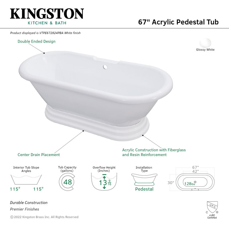 Kingston Brass Aqua Eden 67-Inch Acrylic Oval Double Ended Pedestal Tub (No Faucet Drillings)