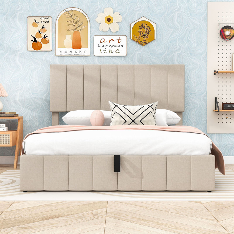 Lit plateforme tapissier avec rangement robuste Laurissa, Beige, Grand lit
