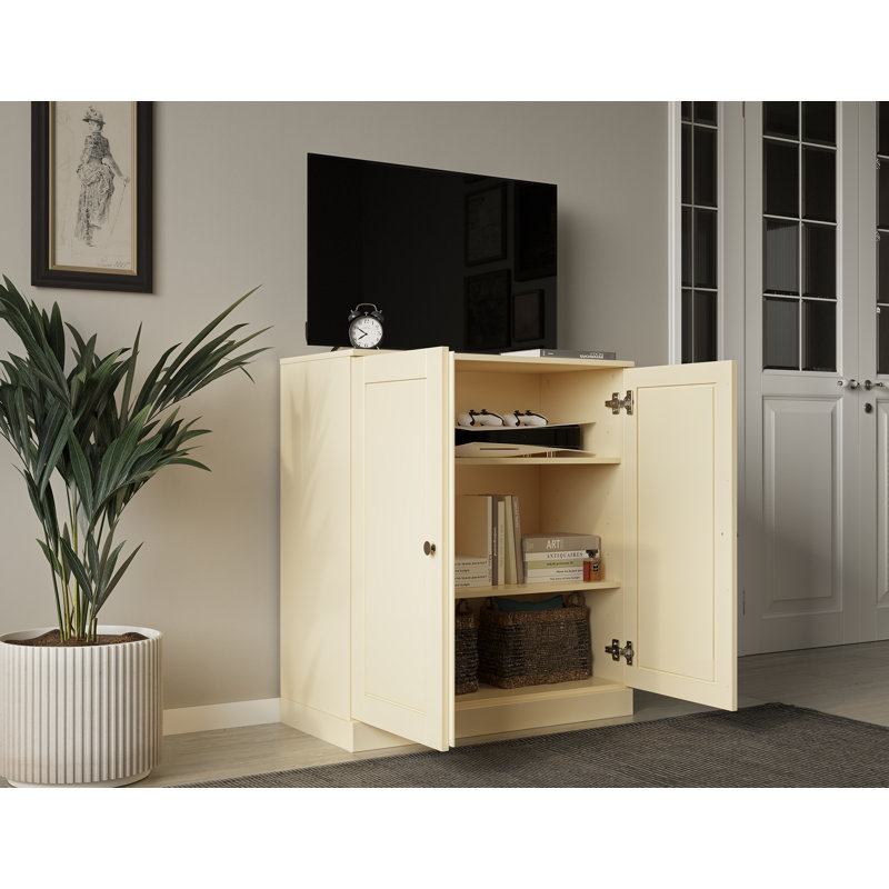 Meuble télé 100% bois massif, console de téléviseur de 32 po de largeur avec portes à panneau surélevé et rangement, Jaune