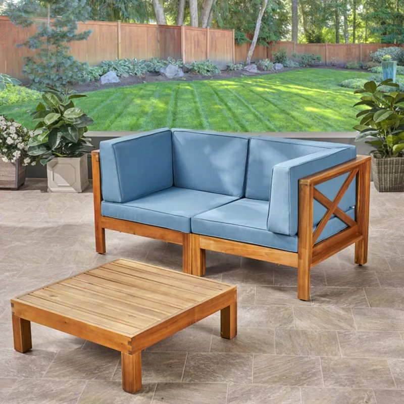 Causeuse modulaire à 2 places avec table basse X-Back, Bleu, Teck