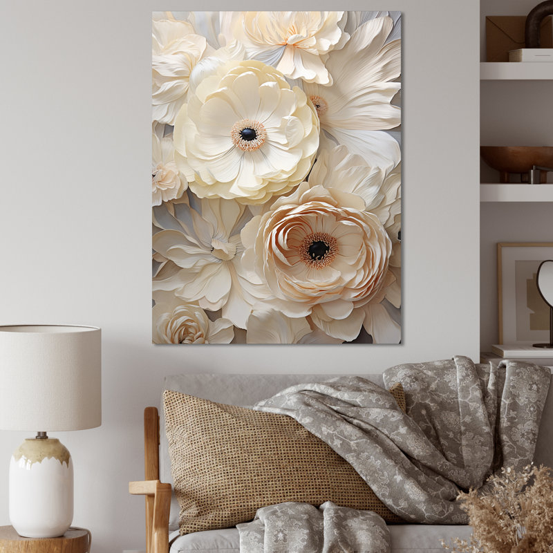 " Beige Minimalism Ranunculus Dreams ", Gold Floater Framed, 32" H x 16" W