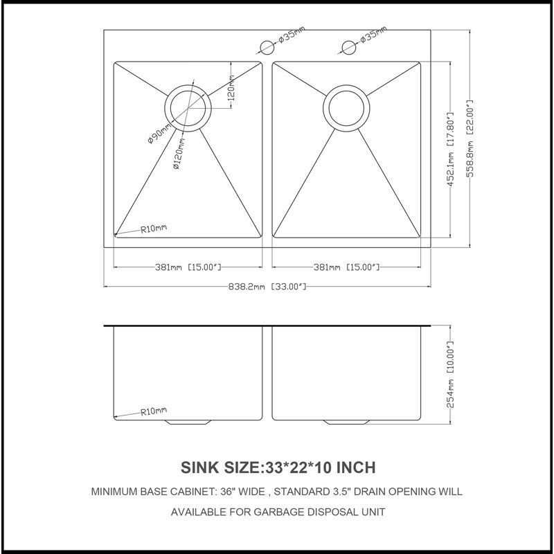 33"X22" Gunmetal Black  Double Bowl Kitchen Sink 16 Gauge With Two 10" Deep Basin