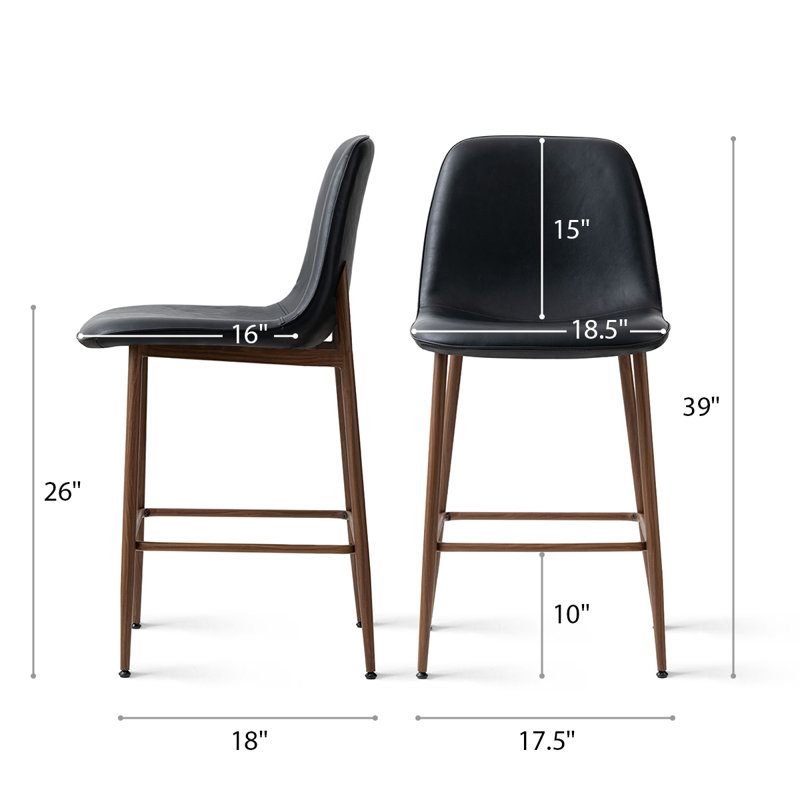 26 inch Faux Leather Counter Stools with Walnut Finish Metal Legs, Black