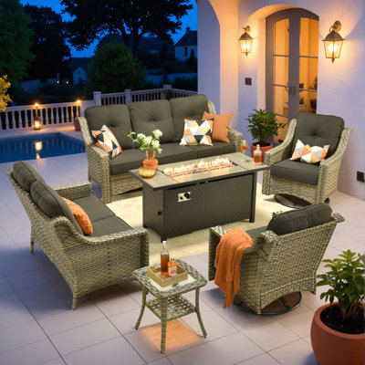 7 - Person Wicker Outdoor Conversation Set, Patio Sofa & Swivel Chair Set with Fire Pit and Cushions