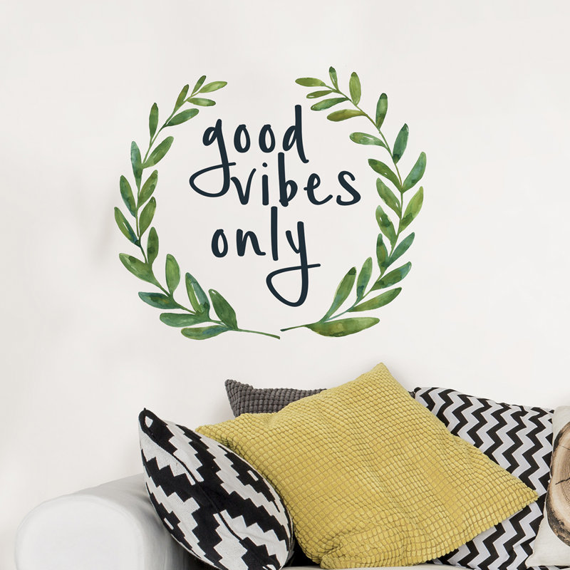 Good Vibes Only Green Watercolor Leaf Wall Decal