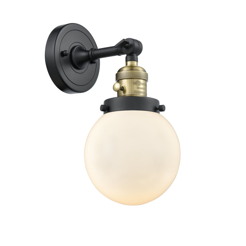 Cleorand Armed Sconce, 60 Watt Vintage Incandescent Bulb, Matte White Cased, Black Antique Brass