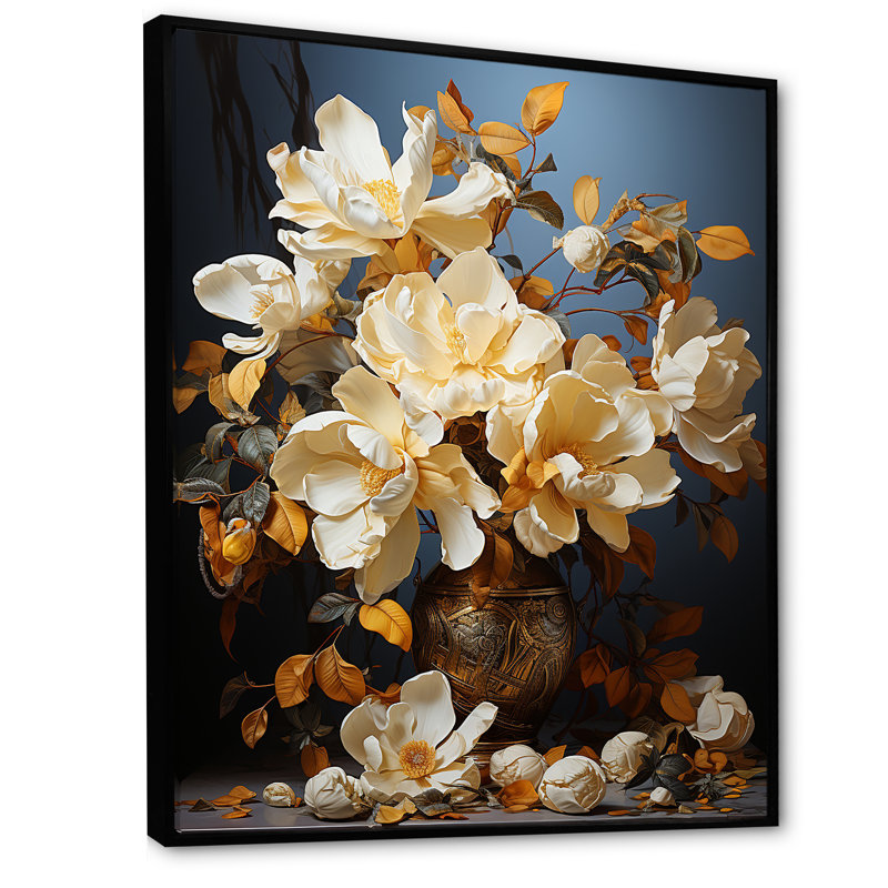 Majestic jaune doré Magnolias III - impression, H 20 po x l 12 po x P 1 po, Cadre flottant noir