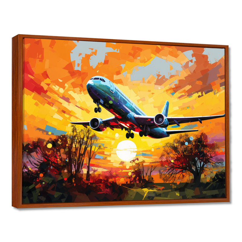 Avion qui décolle au coucher de soleil d'automne - train, reproduction d'art mural, Cadre flottant brun