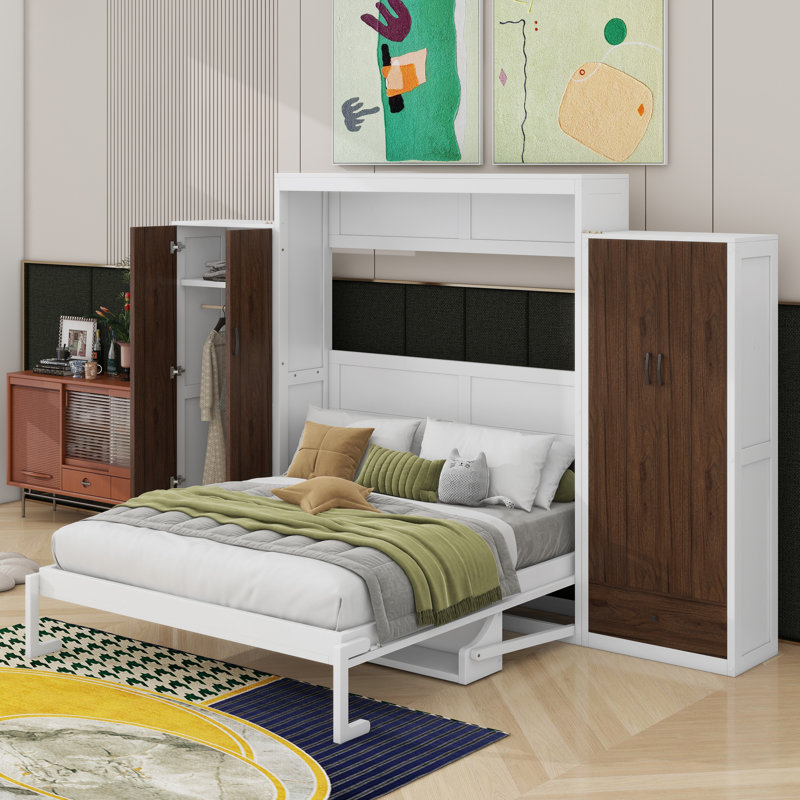 Lit escamotable double pleine grandeur avec placard, tiroirs et table