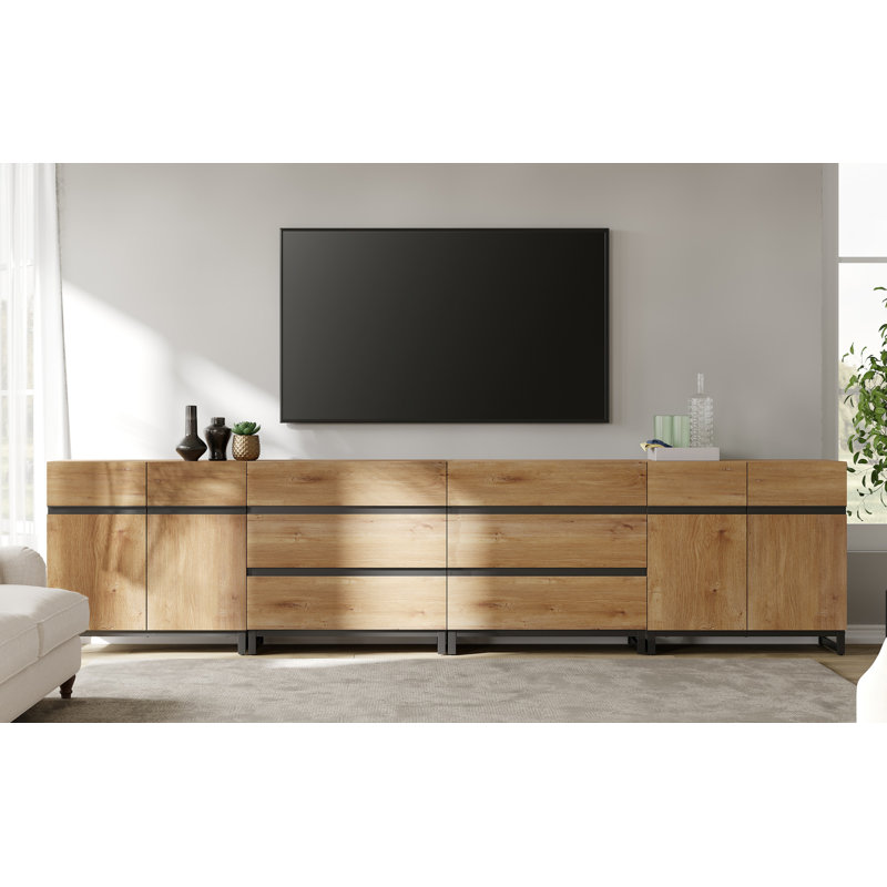 Aadam Modern TV Stand With 3 Tiers Bookshelf, Farmhouse Entertainment Center With 2 Storage Cabinets And 6 Drawers, Wooden Media TV Console With Black Metal Leg For Living Room