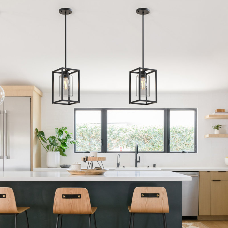 1-Light Square / Rectangle Kitchen Island Lantern Pendant Light Aluminum Single Pendant, Matte Black