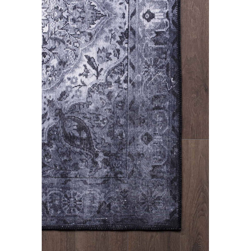 Tapis décoratif bleu marine à motif rétro, Rectangle 3 pi 10 po x 5 pi 3 po