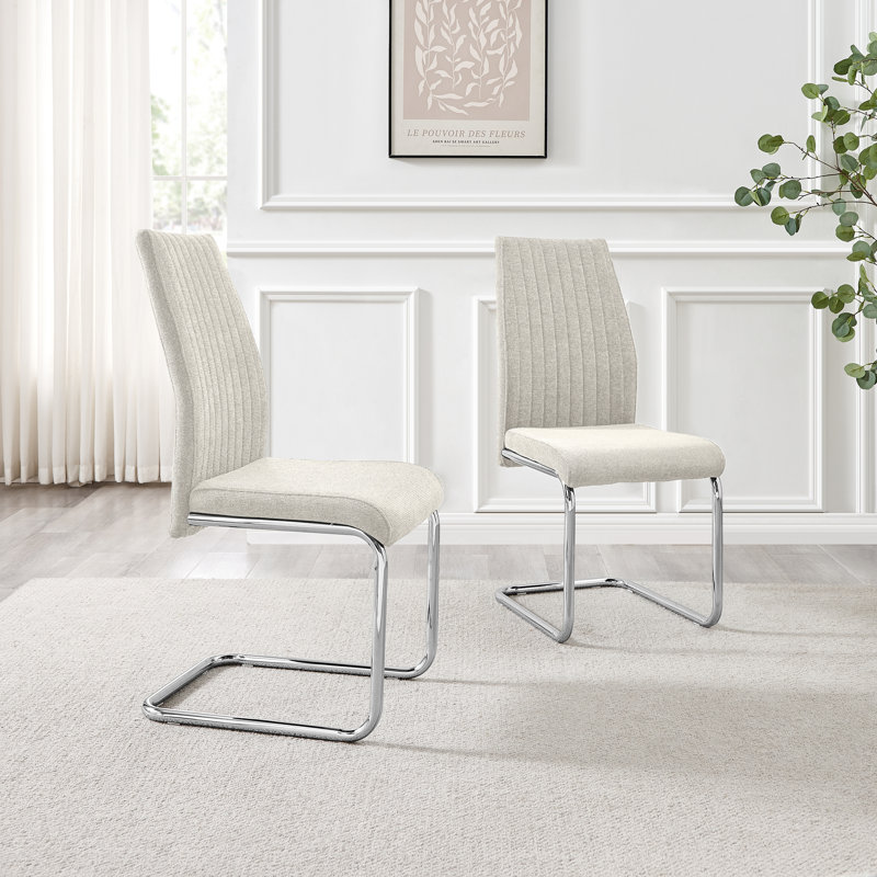 Loren Luxury Fabric Dining Chairs with Legs Upholstered Modern Design - Side Chair, Silver, Cream