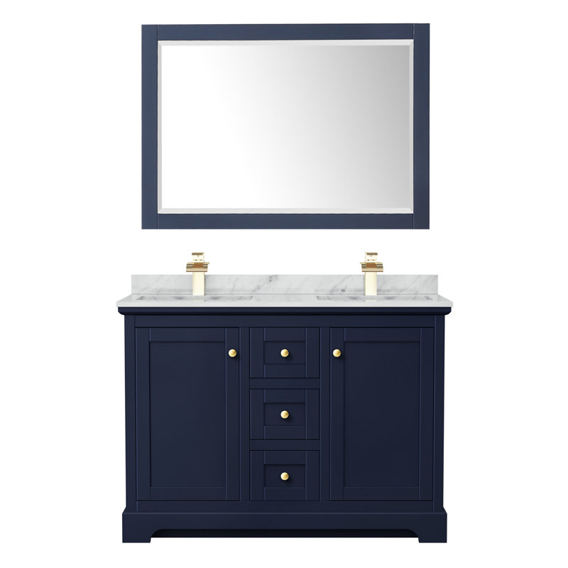 Avery 48'' Double Bathroom Vanity with Marble Top, White, Brushed Gold