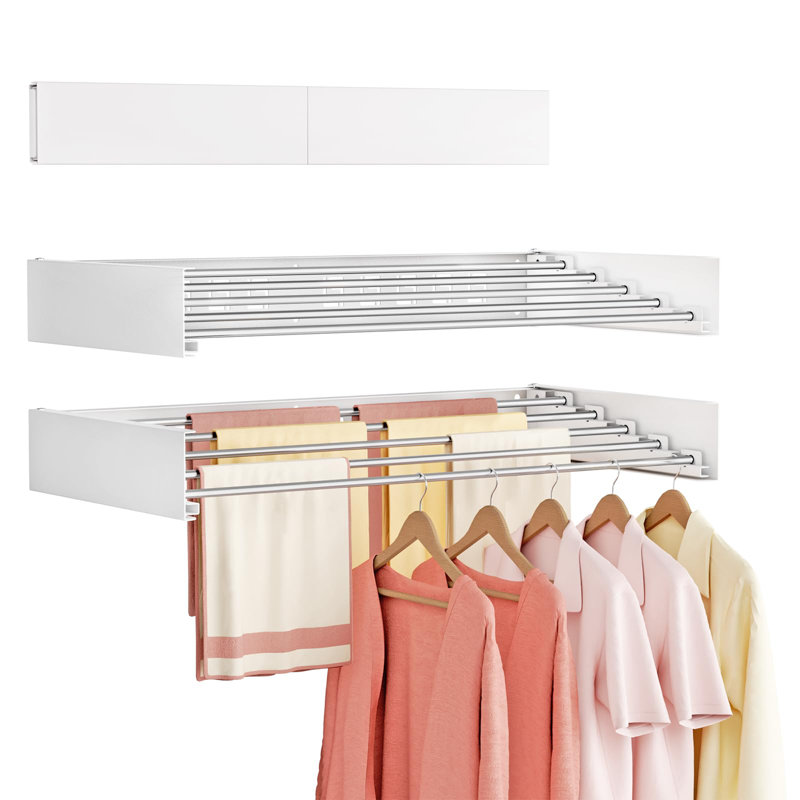 Wall Mounted Clothes Drying Rack, Foldable Laundry Drying Rack Collapsible,Retractable Towel Drying Rack, With Wall Template(5 Drying Rods, White 32")