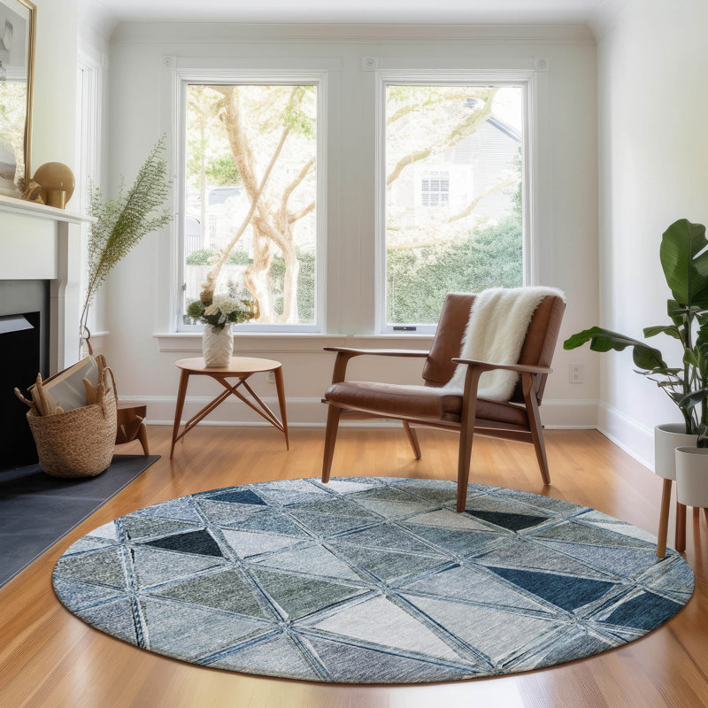 Premium Machine Washable Prisco Blue Rug, Round 8'