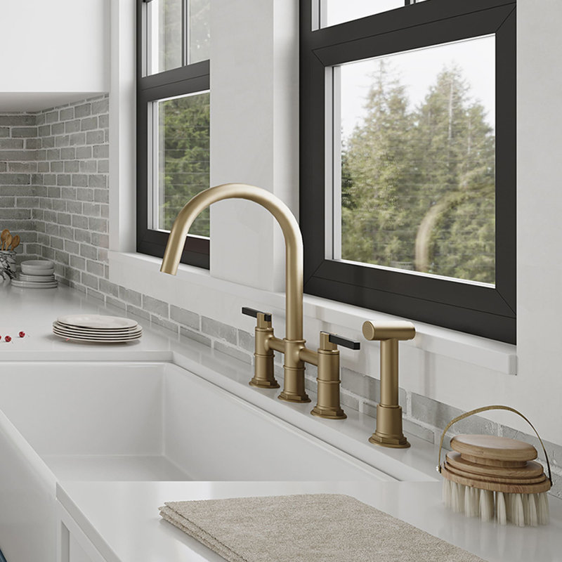 4 Hole Bridge Kitchen Faucet With Side Sprayer Double Handle Kitchen Sink Faucets Brass High Arc Kitchen Basin Taps With Swivel Spout
